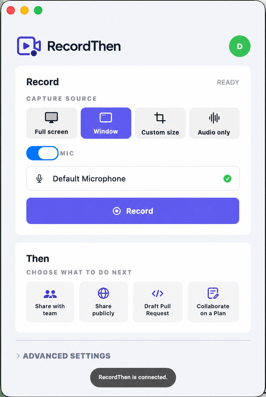 RecordThen Mac app concept showing Record capture controls and Then actions for sharing, one-shot prompts, and collaboration