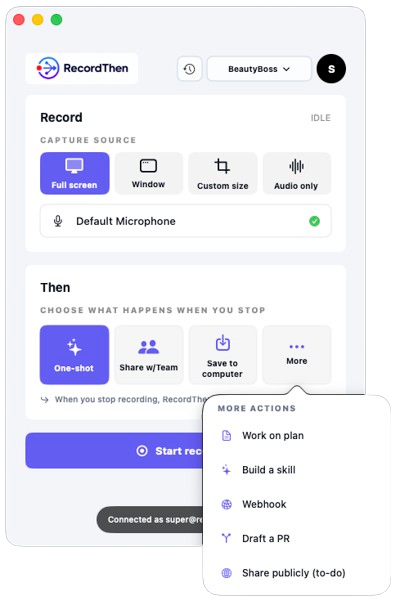 RecordThen recorder showing screen and audio capture controls with actions for plans, skills, webhooks, pull requests, and public sharing